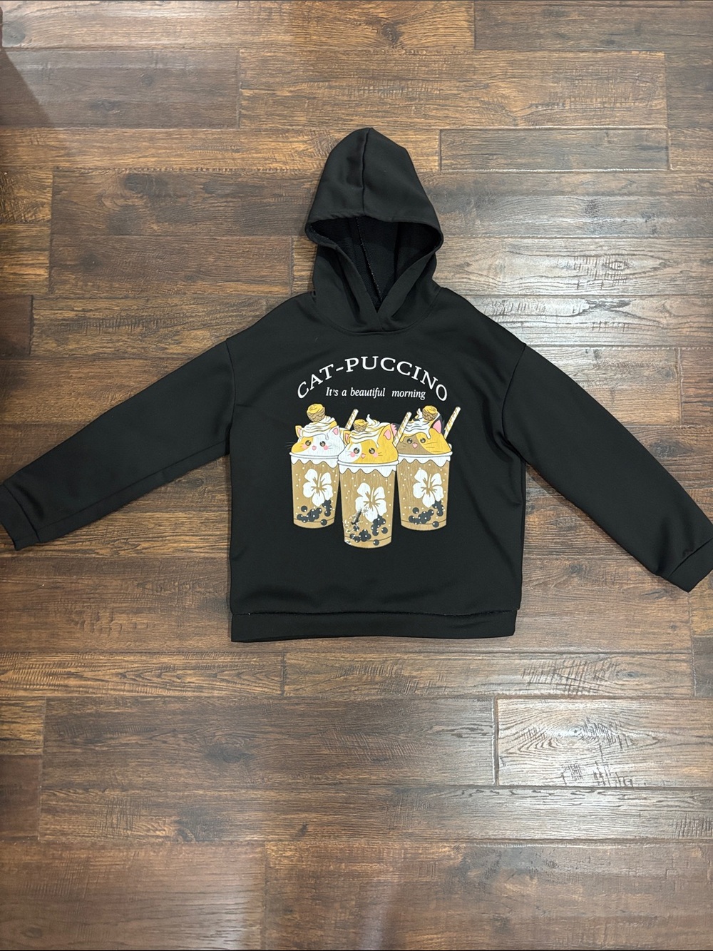 Black "Cat-Puccino" Graphic Hoodie for Kids